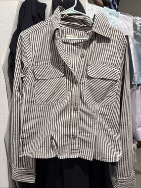 We The Free Cream Button-Front Striped Shirt Jacket with Black & Red Stripes
